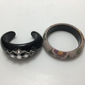 VTG Rhinestone jewelled black resin domed cuff & VTG suede Floral Bracelet